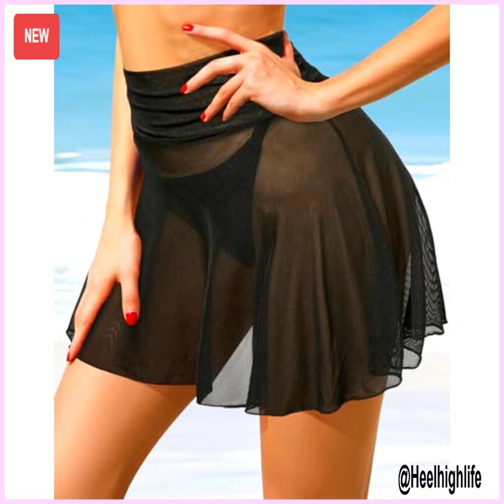 Sheer Mesh High Waisted Skirt Cover Up Nylon Spandex Swim Beach - Picture 3 of 6